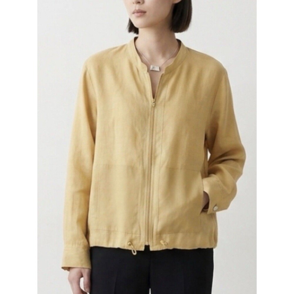 Vintage Linen Silk Bomber Jacket Women Med Khaki Gold Full Zip Minimalist Resort